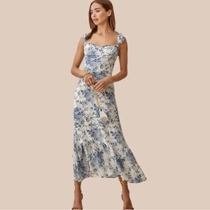Reformation Nikita Blue & Cream Floral Tie-Shoulder Midi Dress